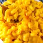 Serving spoon in a bowl of mac and cheese.