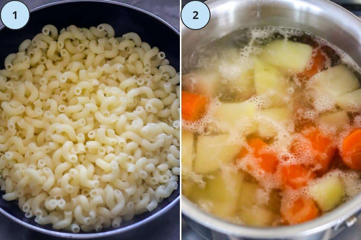 Cooked elbow macaroni in a strainer and potatoes and carrots simmering in a pot of water.