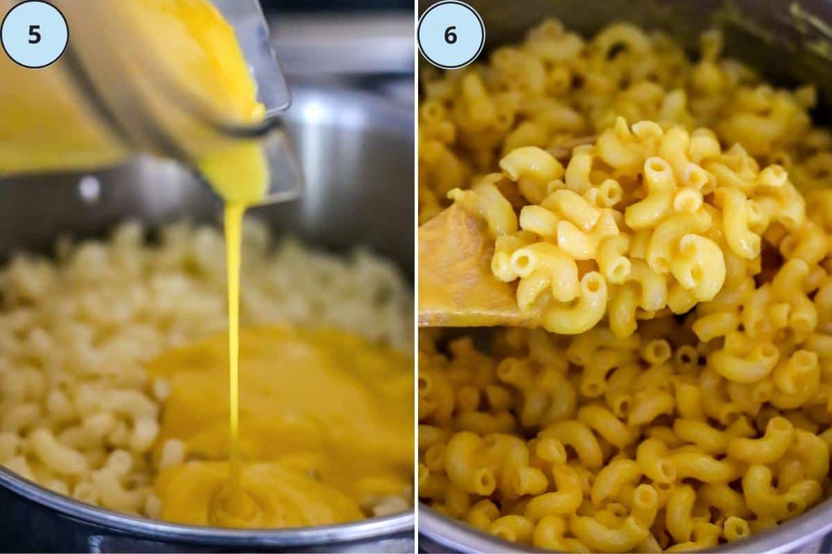 Pouring the sauce over the cooked noodles and stirring them together.