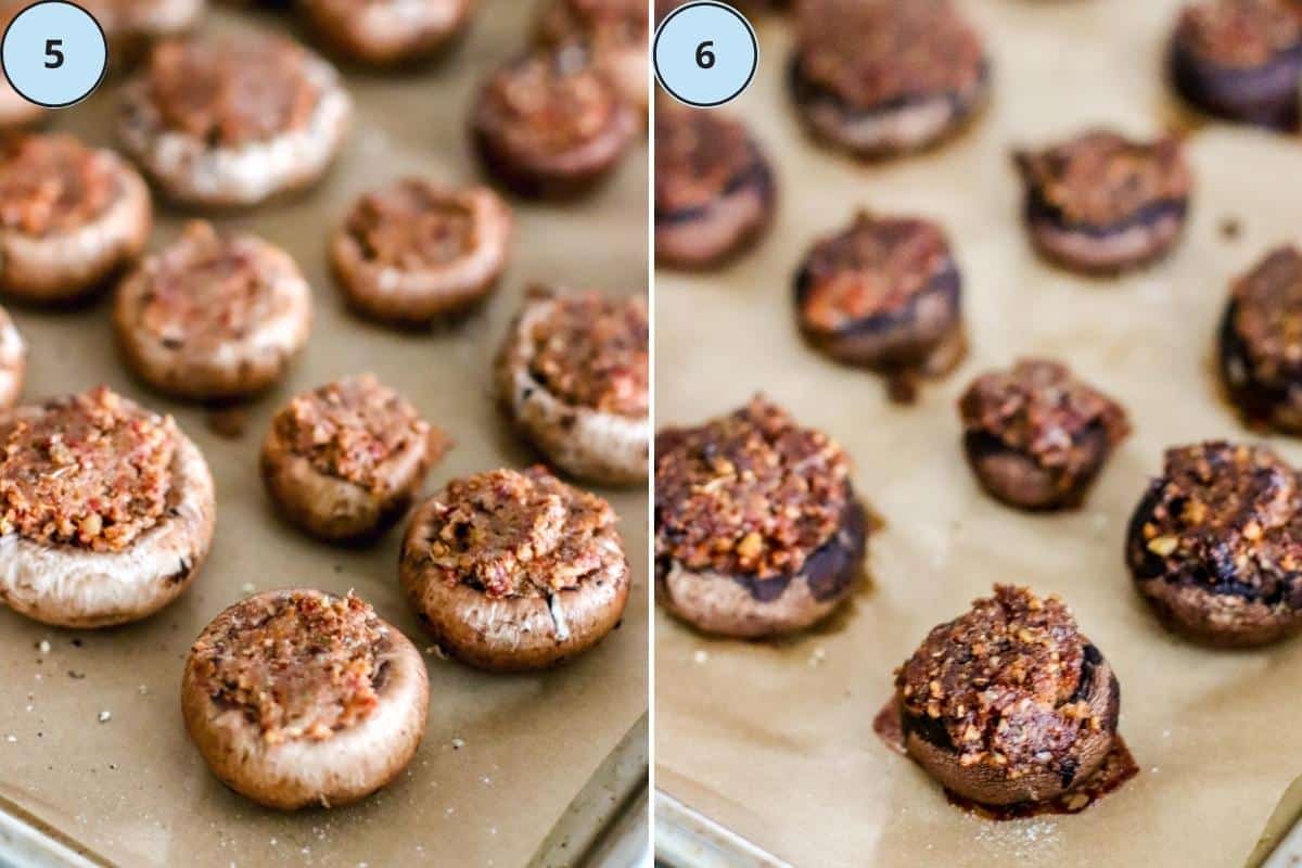 Stuffed mushrooms on a baking sheet before and after being baked in the oven.