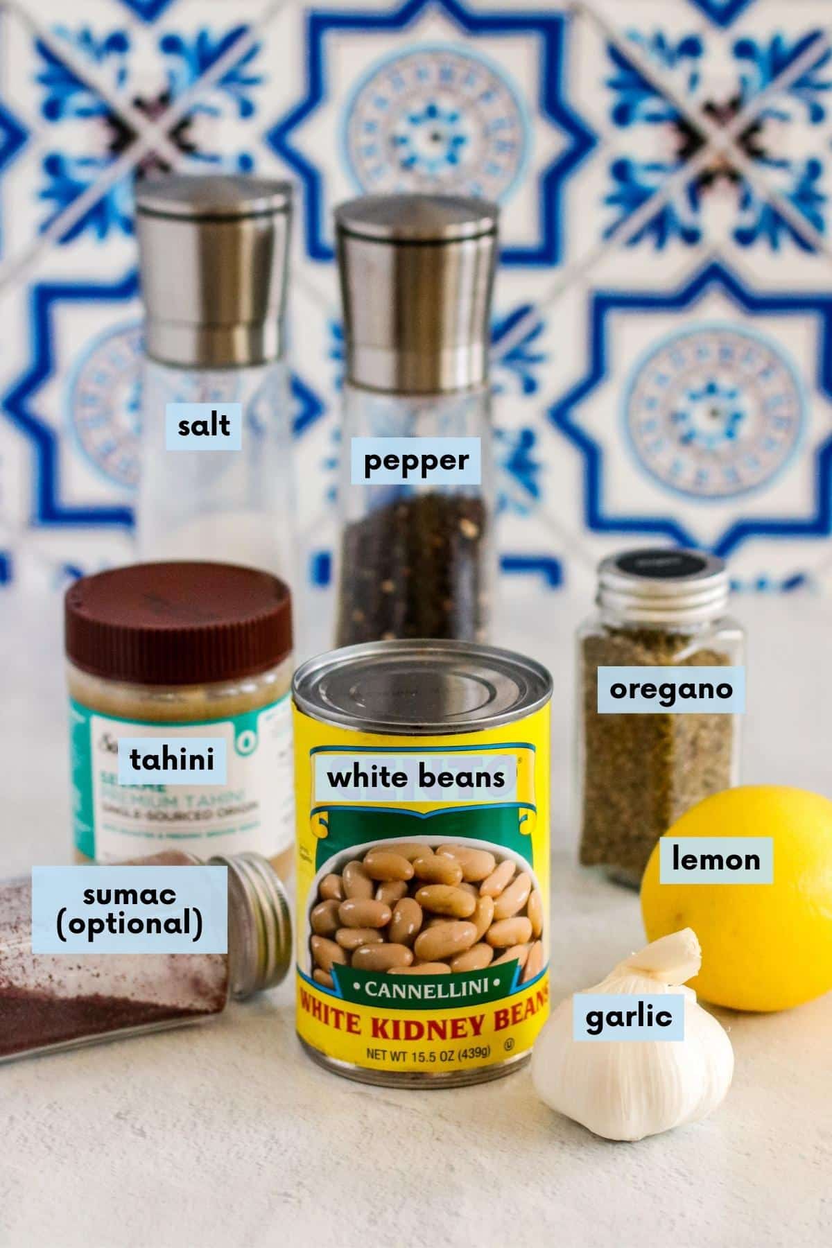 Can of cannellini beans, head of garlic, lemon, dried oregano, jar of tahini, dried sumac, and salt and pepper shakers.