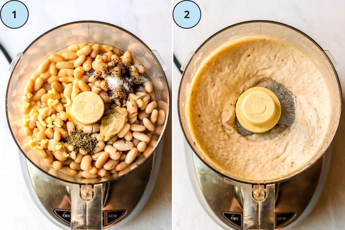 Step 1, the ingredients in the bowl of a food processor, and step 2, the blended dip.