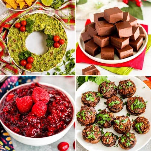 Guacamole Christmas Wreath appetizer, vegan fudge, cranberry raspberry sauce, and vegan stuffed mushrooms.