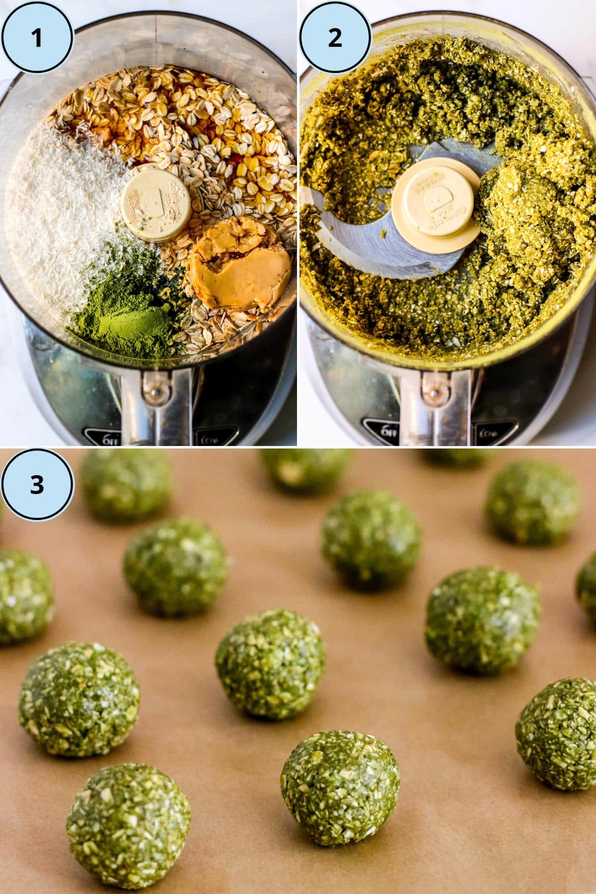 3 steps for making this recipe: Add the ingredients to the bowl of a food processor, process until combined, and roll into balls.