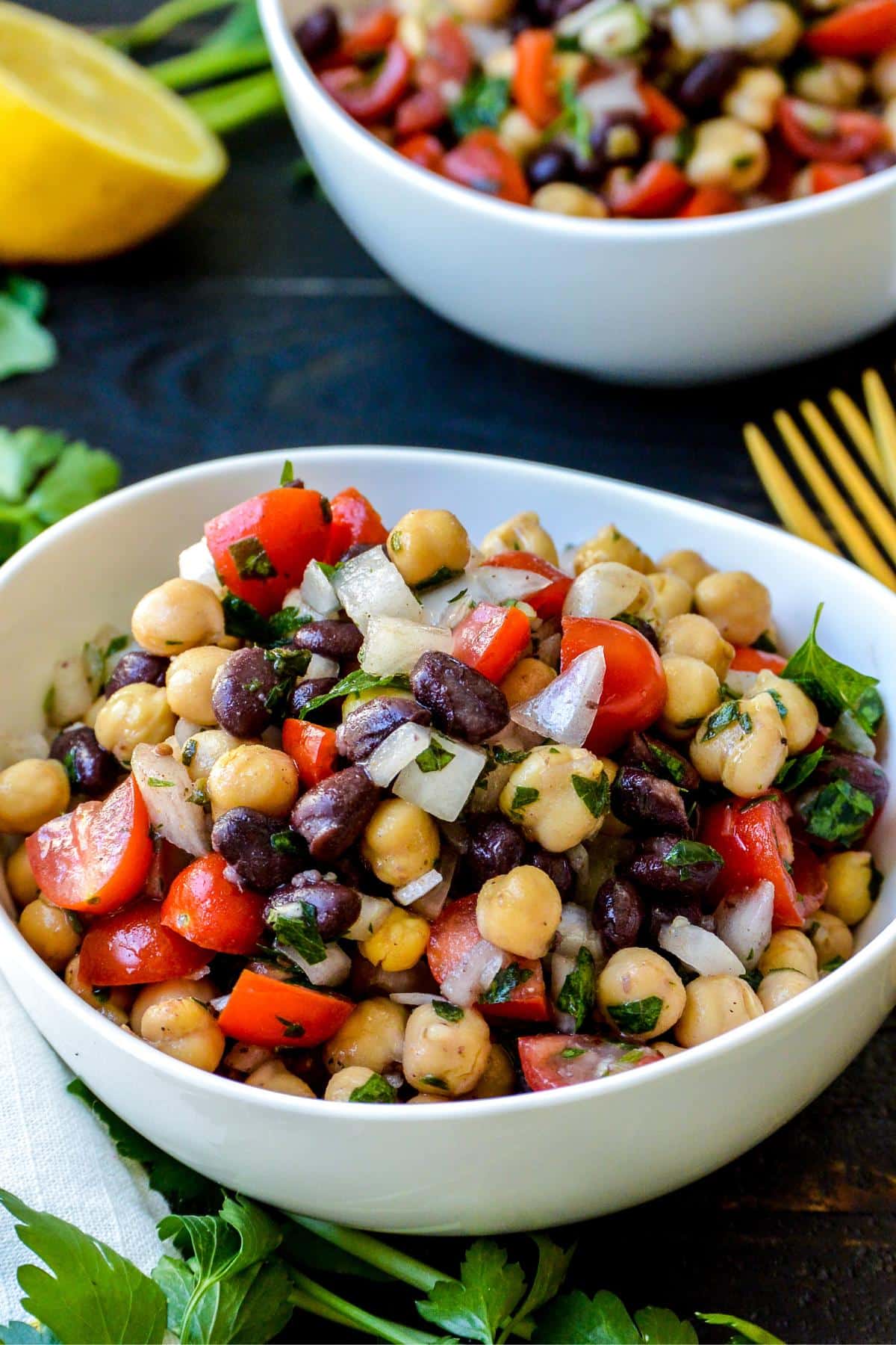 Two bowls of Balela ready to eat.