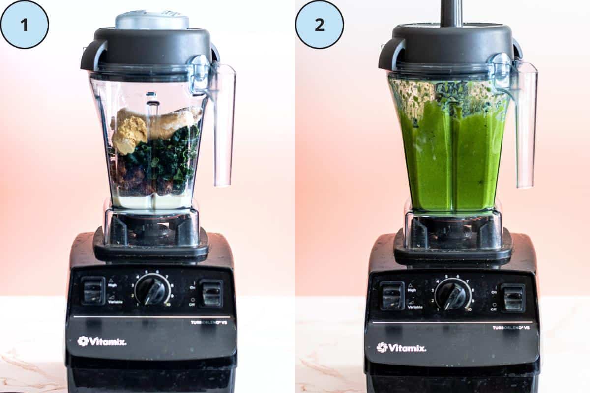 The ingredients in a blender and the finished blended smoothie.