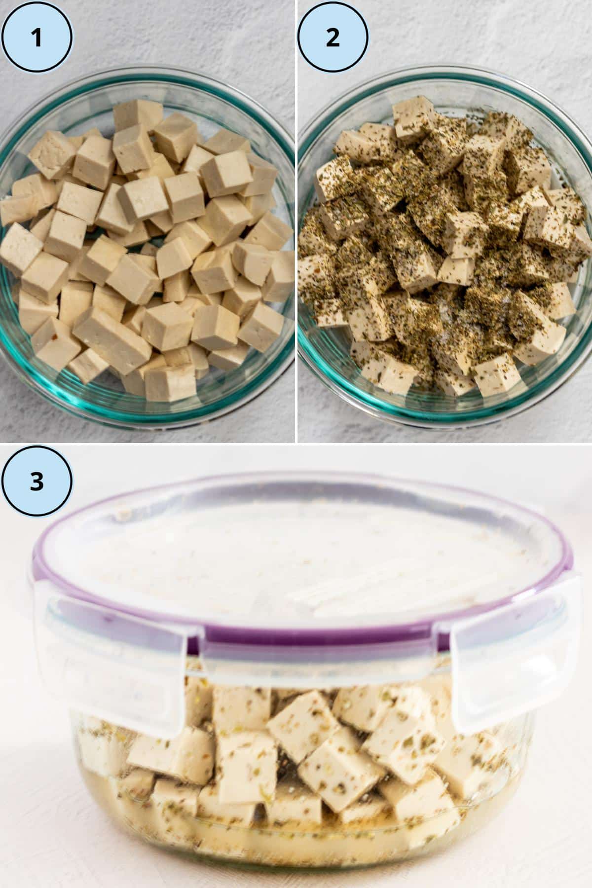 Tofu cubes in a bowl, seasonings added to the tofu, and the tofu marinating in a bowl with a lid.