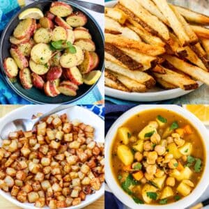 Greek Potato Salad, Air Fryer French Fries, Home Fries, and Chickpea Potato Soup.