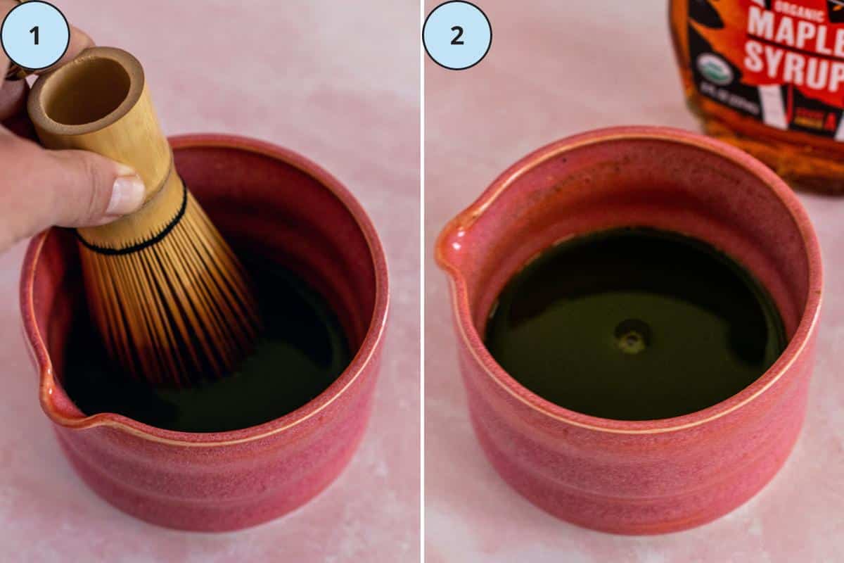 Whisking the matcha powder with a bamboo matcha whisk and added maple syrup.