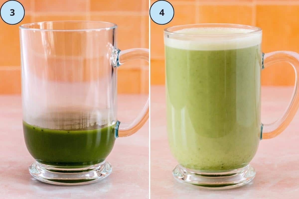 Making a hot latte: The prepared matcha in a mug and the warm milk poured over it.