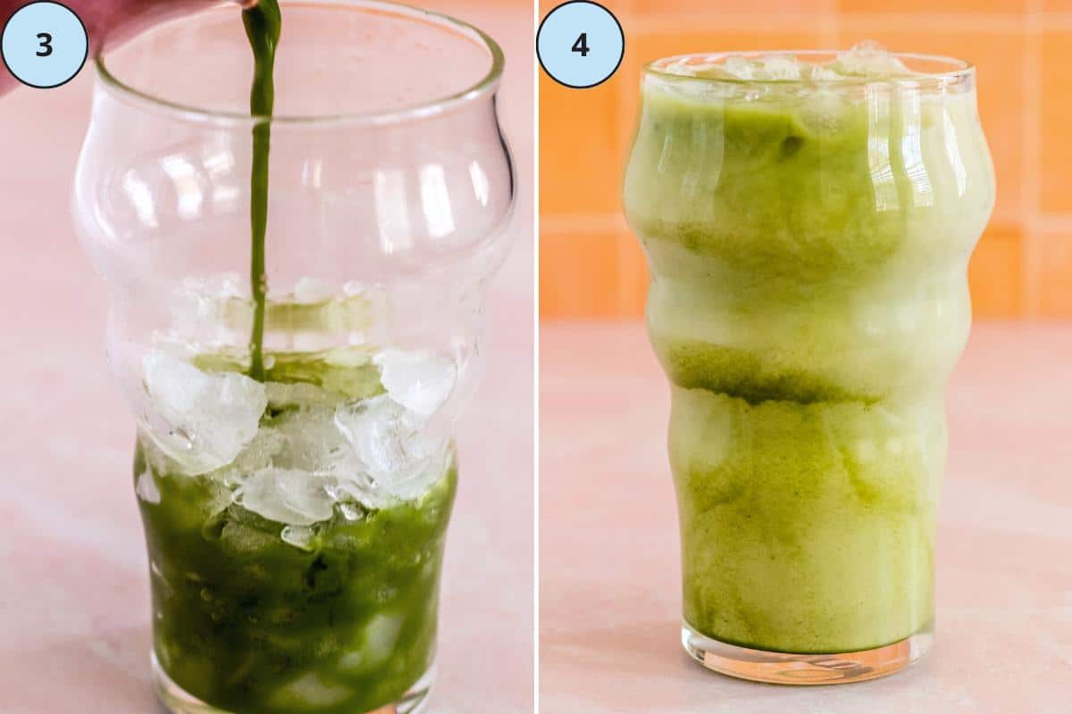 Making an iced matcha by pouring the prepared matcha over ice in a glass and adding cold milk over it.