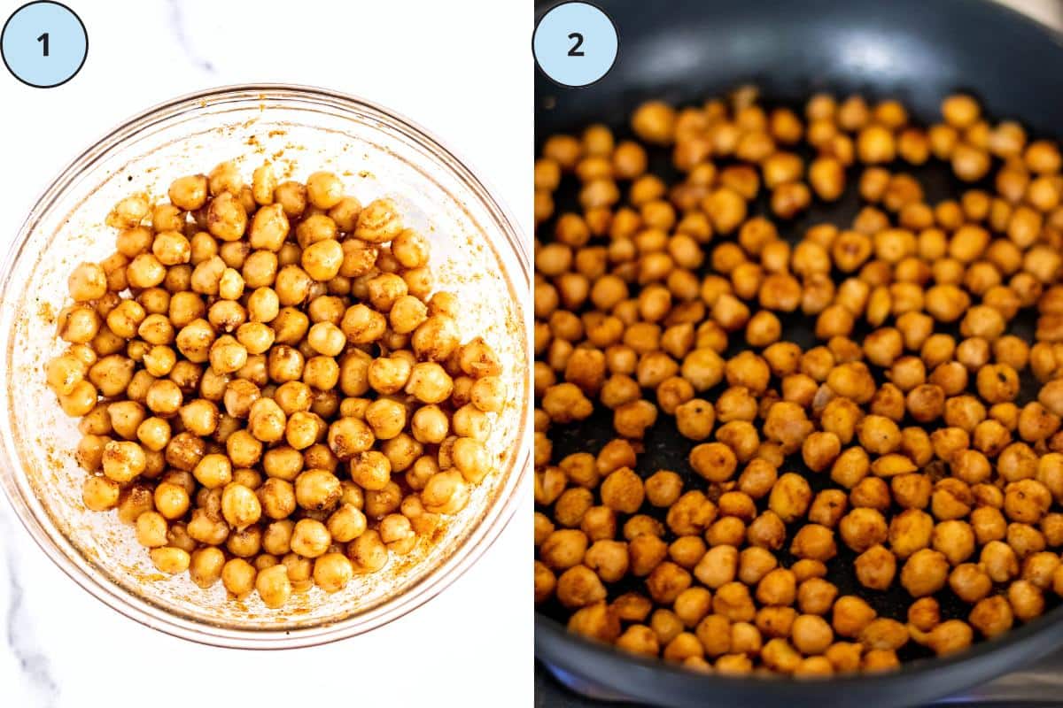Mixing bowl with chickpeas and seasonings and a skillet with the sauted seasoned chickpeas.