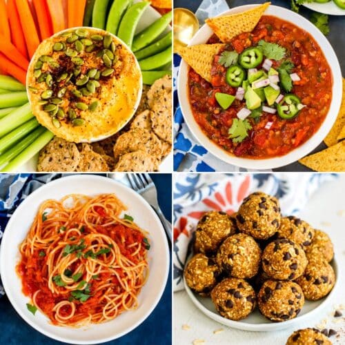 Pumpkin hummus, Instant Pot Vegan Chili, Pumpkin Marinara Pasta, and No Bake Pumpkin Balls.