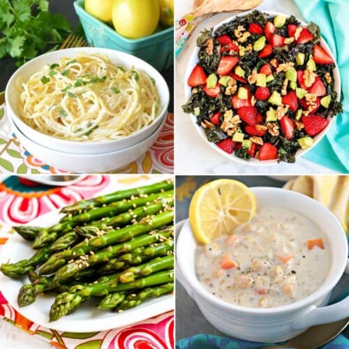 Lemon Pasta, Strawberry Kale Salad, Marinated Asparagus, and Vegan Orzo Soup.