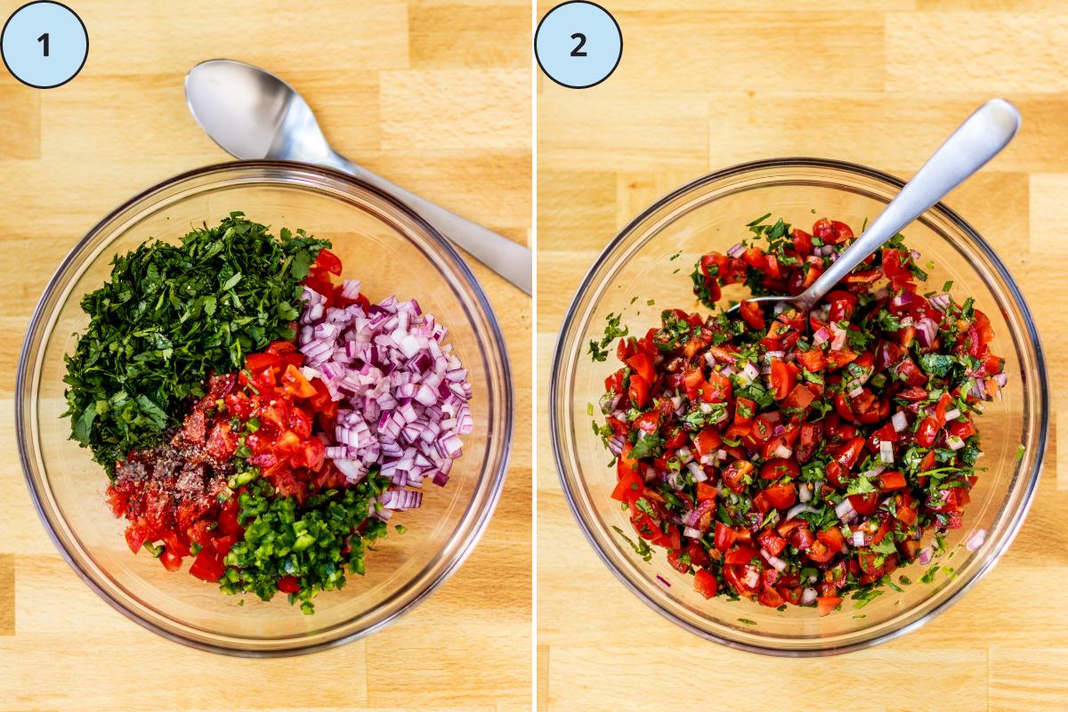 Chopped ingredients in a mixing bowl and the combined salsa ready to eat.