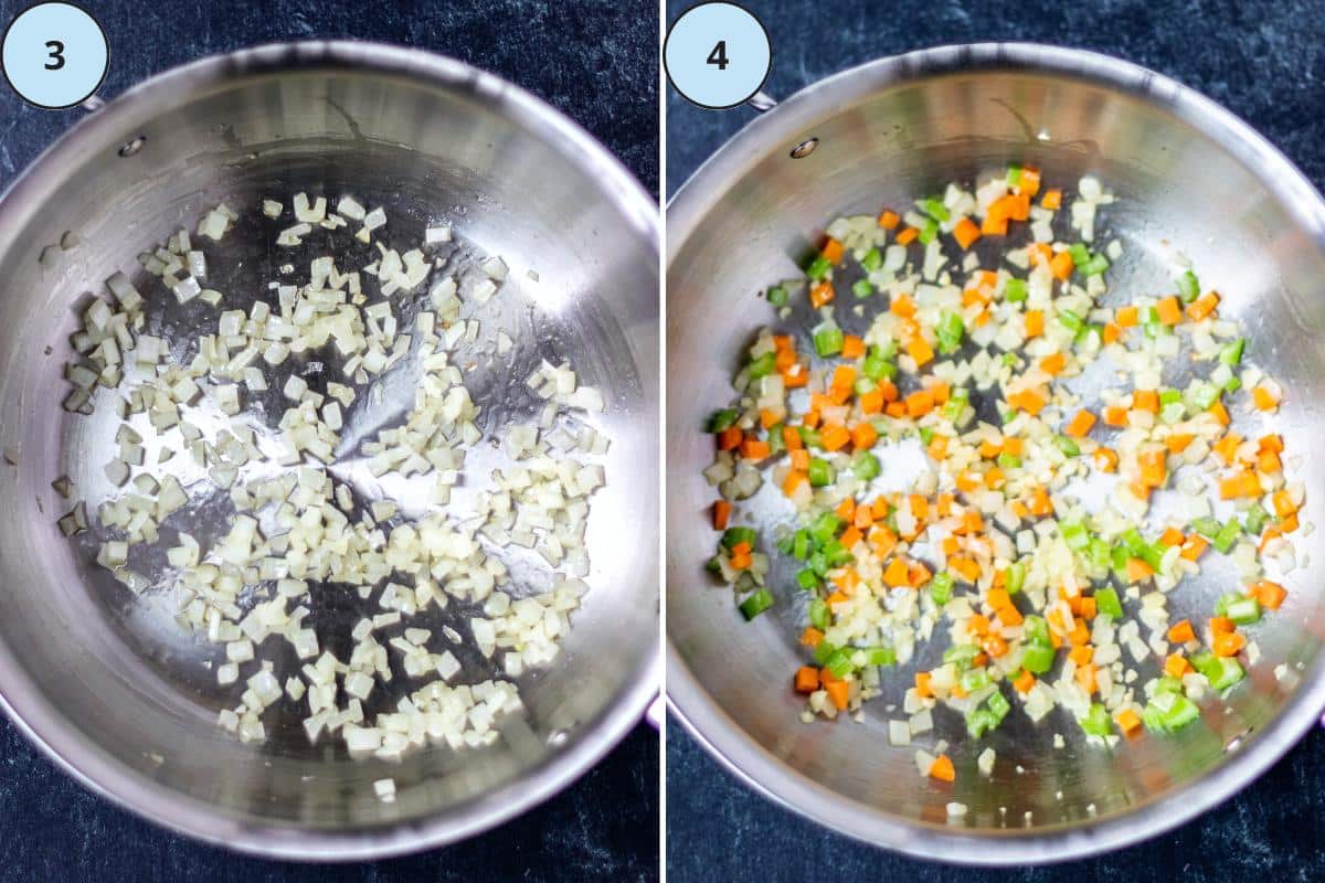 Sauteing onions in a skillet, and carrots, celery, and garlic added to the onions.