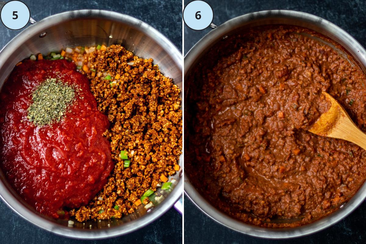 Crushed tomatoes, walnut meat, and seasonings added to the skillet, and the sauce simmering while a spoon mixes it.