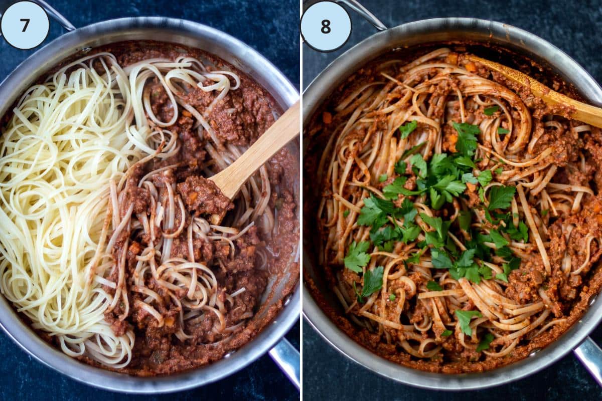 Folding the cooked pasta into the sauce, and topping with fresh parsley.