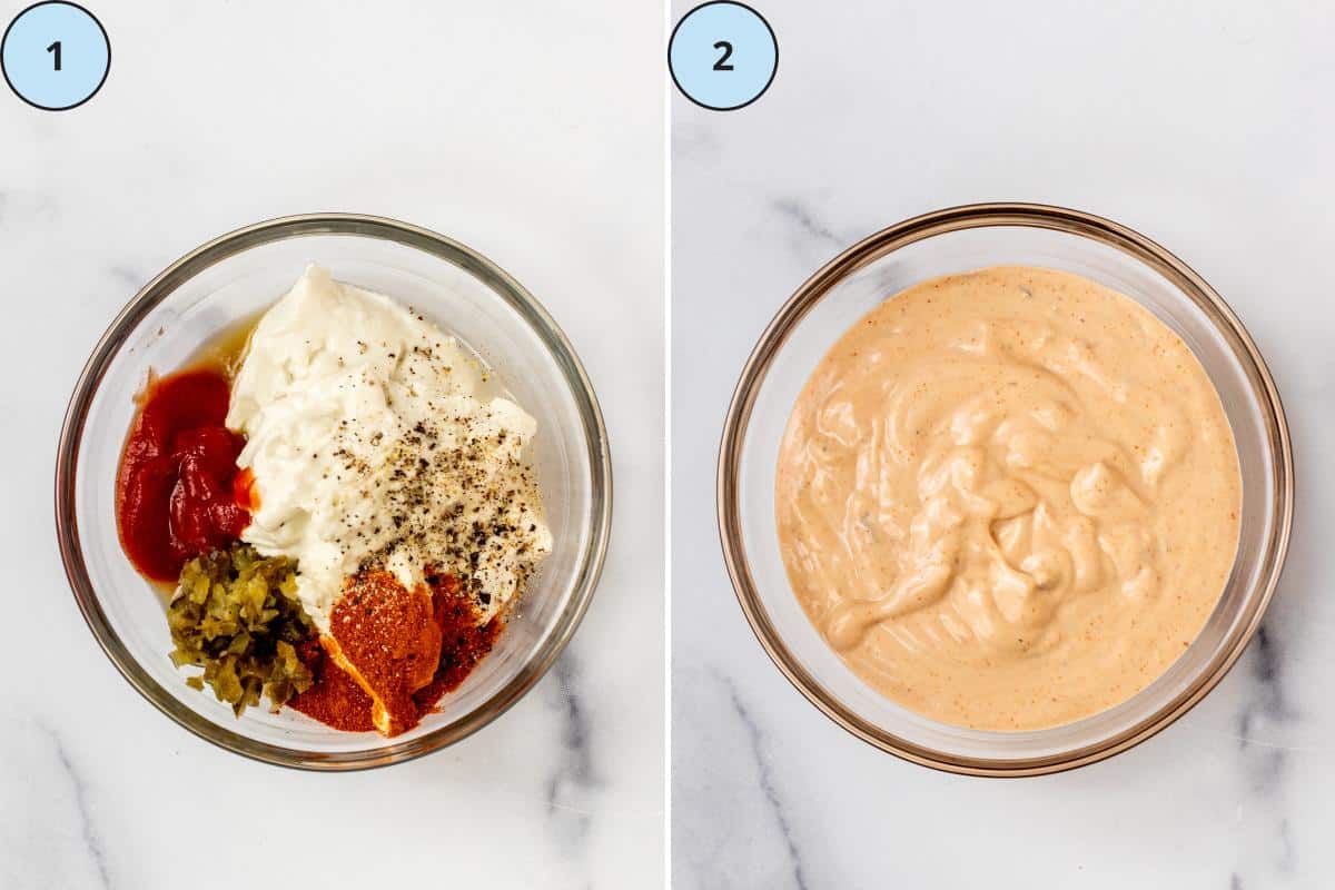 Ingredients in a mixing bowl and a bowl with the mixed up dressing.