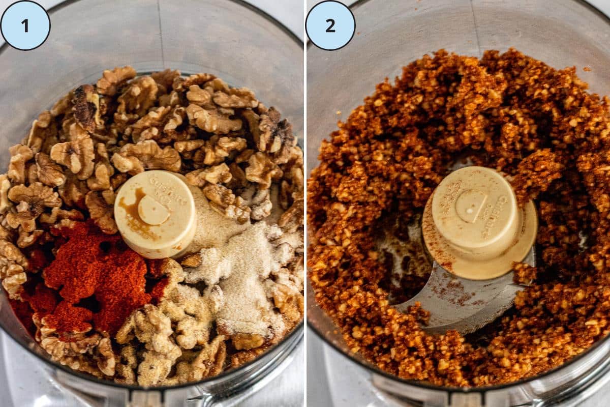 Ingredients in the bowl of a food processor and the processed crumble mixture.