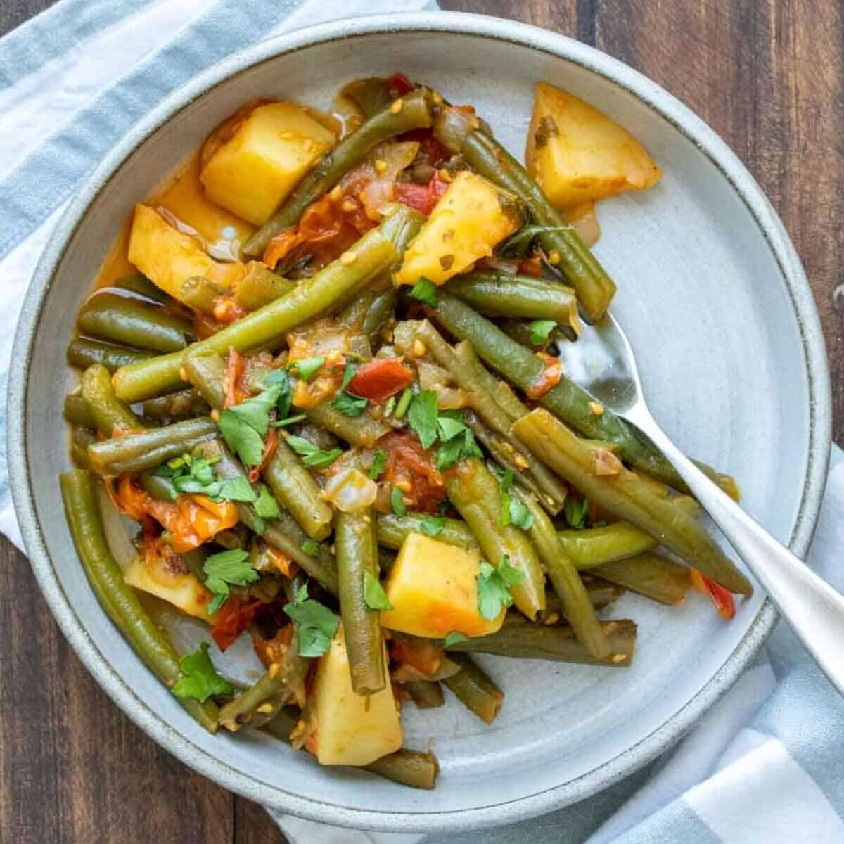 Plate of Greek Green Beans and Potatoes.