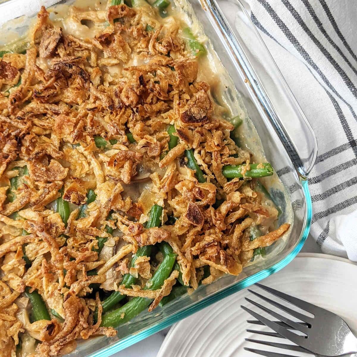 Casserole topped with crispy onions.