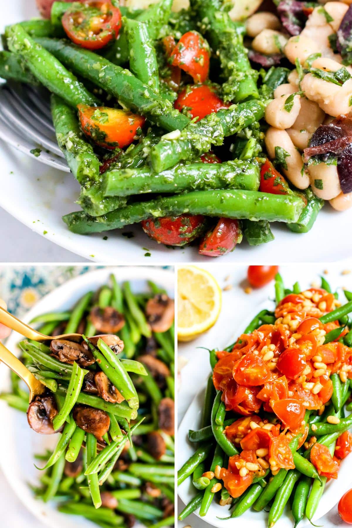 Mediterranean Green Bean Salad, Sauteed Green Beans and Mushrooms, and Mediterranean Green Beans and Tomatoes.