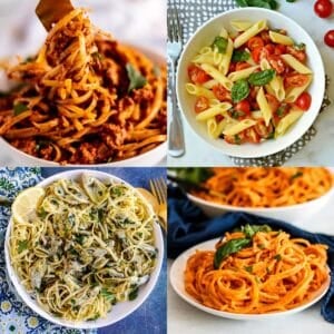 Vegan Bolognese, penne with cherry tomato sauce, lemon artichoke pasta, and creamy vegan sun-dried tomato pasta.