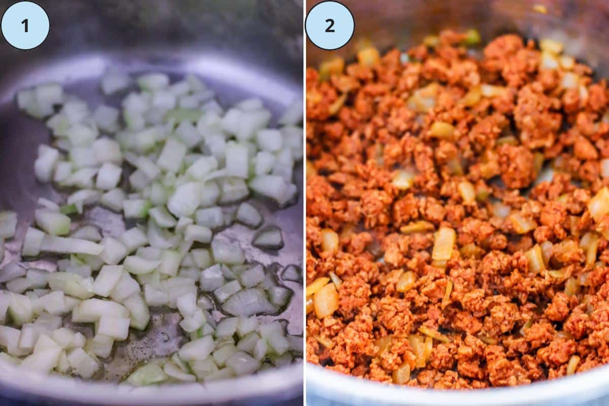 Sauteing the onions and soy chorizo in a pot.