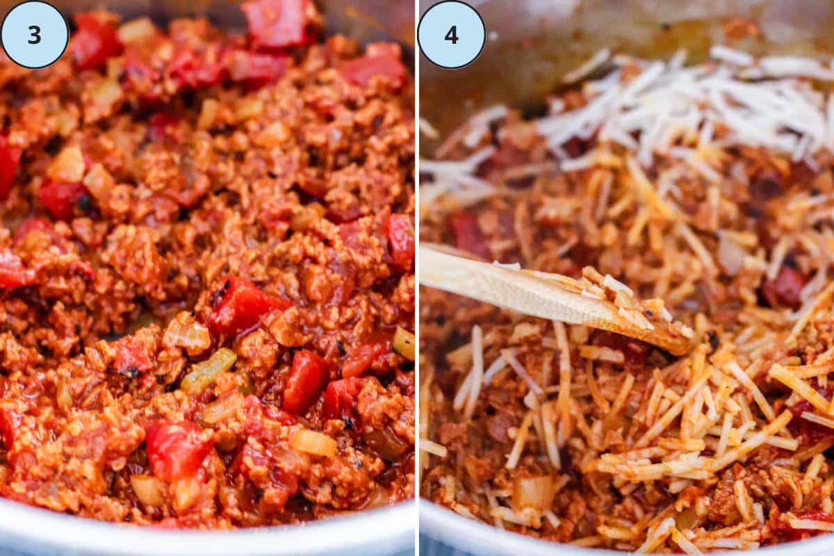 The tomatoes added to the sauce mixture, and stirring in the shredded cheese to the sauce.