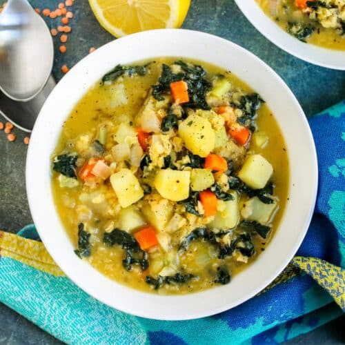 Bowl of red lentil potato soup.