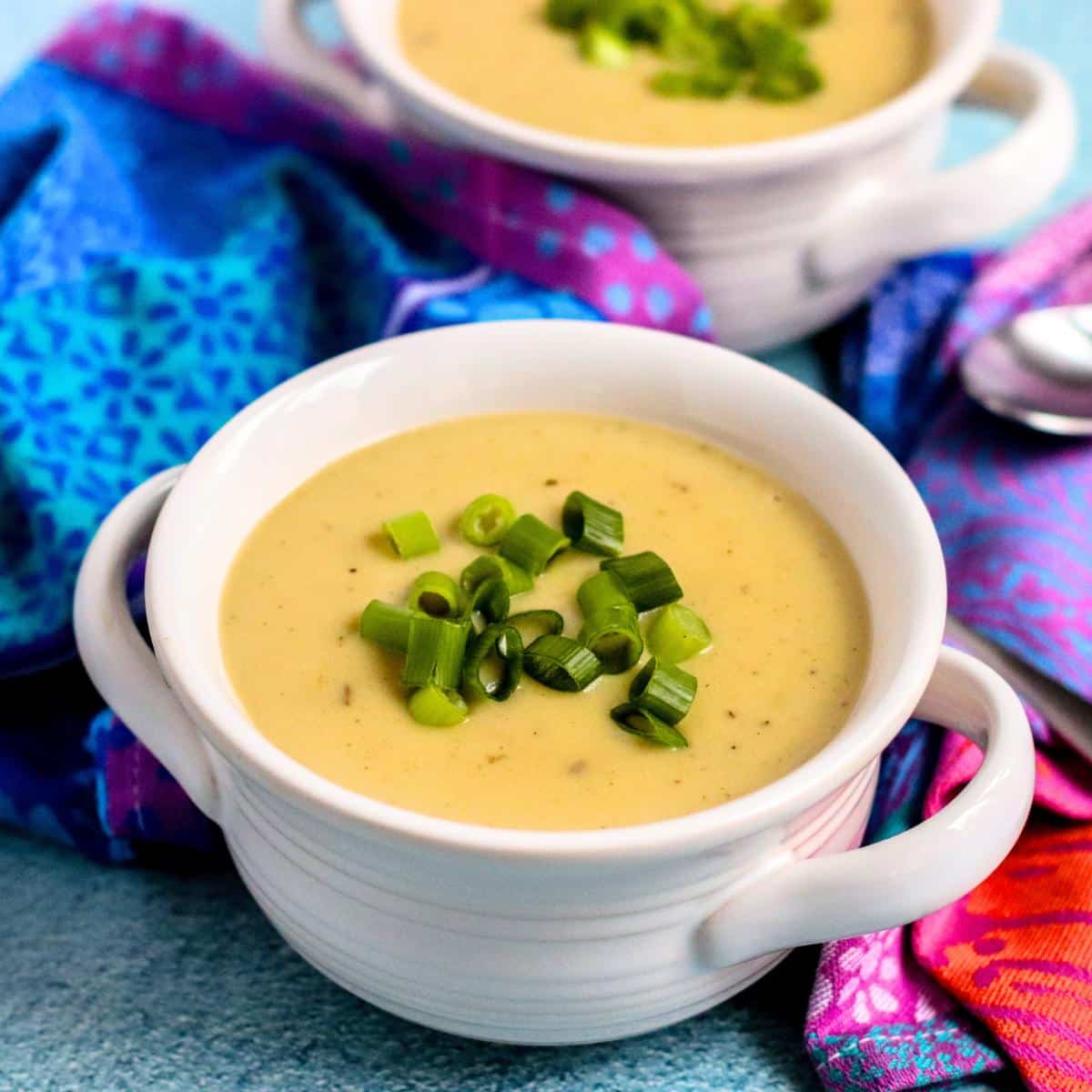 Bowls of soup topped with sliced green onions.