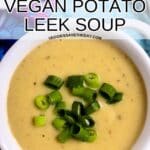 Bowl of soup with text overlay Instant Pot Vegan Potato Leek Soup.