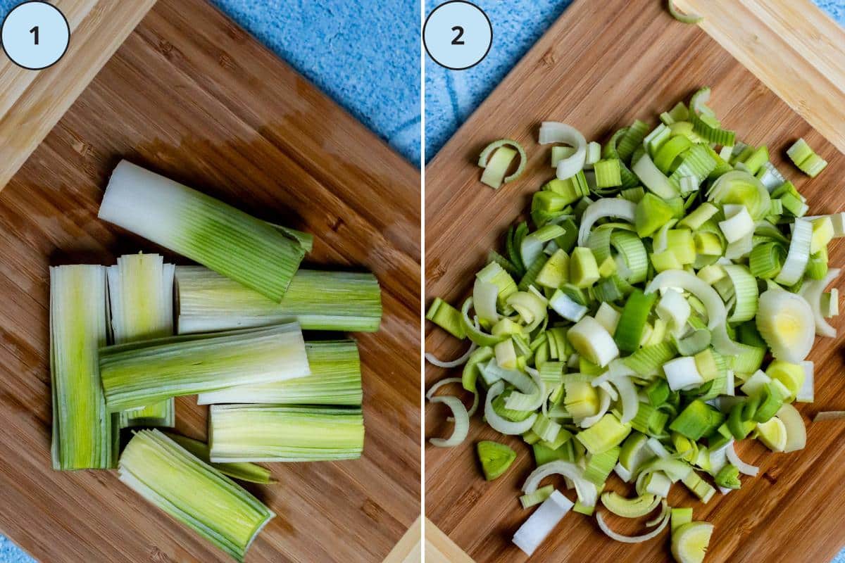 Cleaned white and light green parts of leeks sliced lengthwise and roughly chopped.