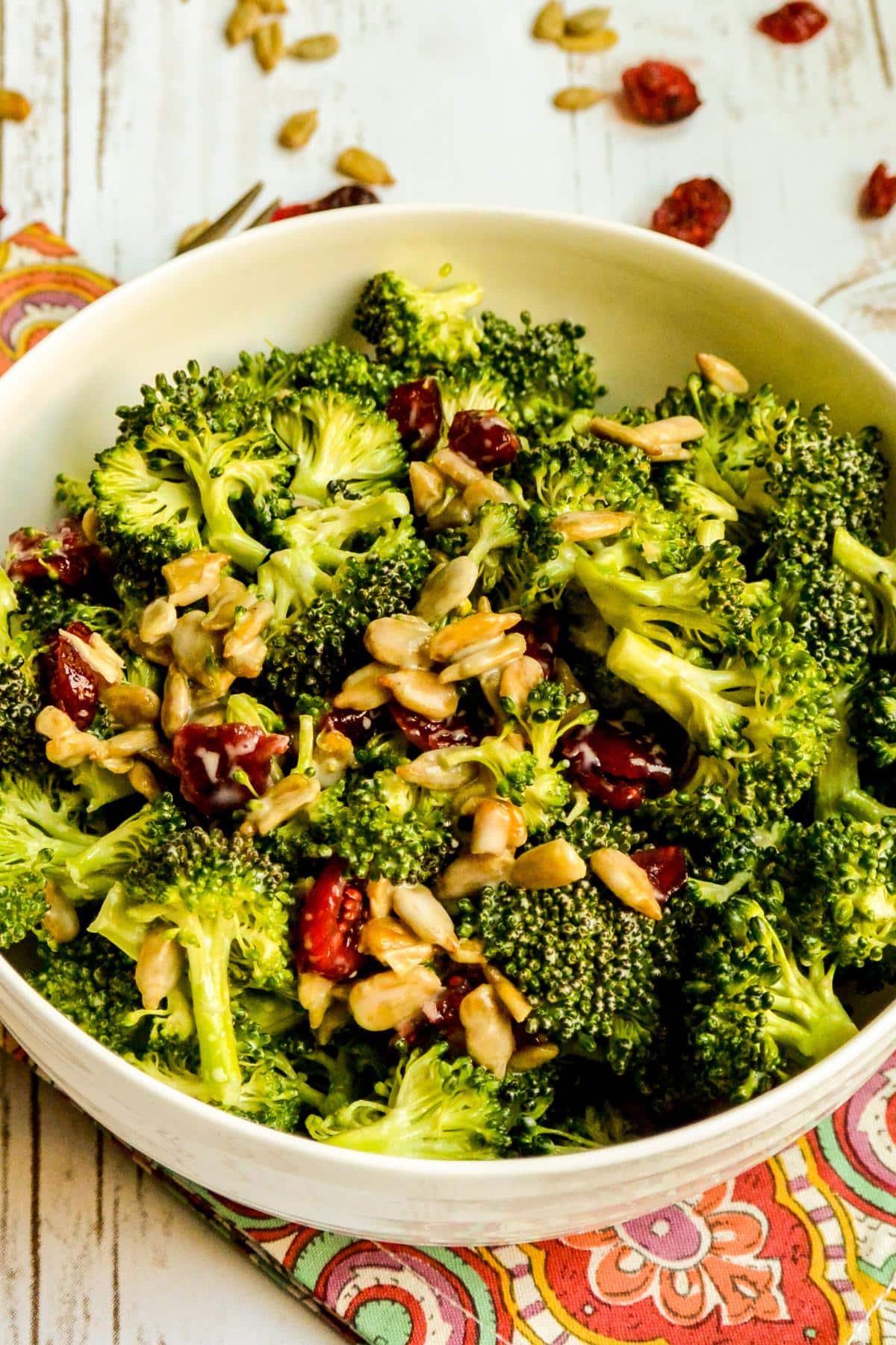Serving bowl of Vegan Broccoli Cranberry Salad.