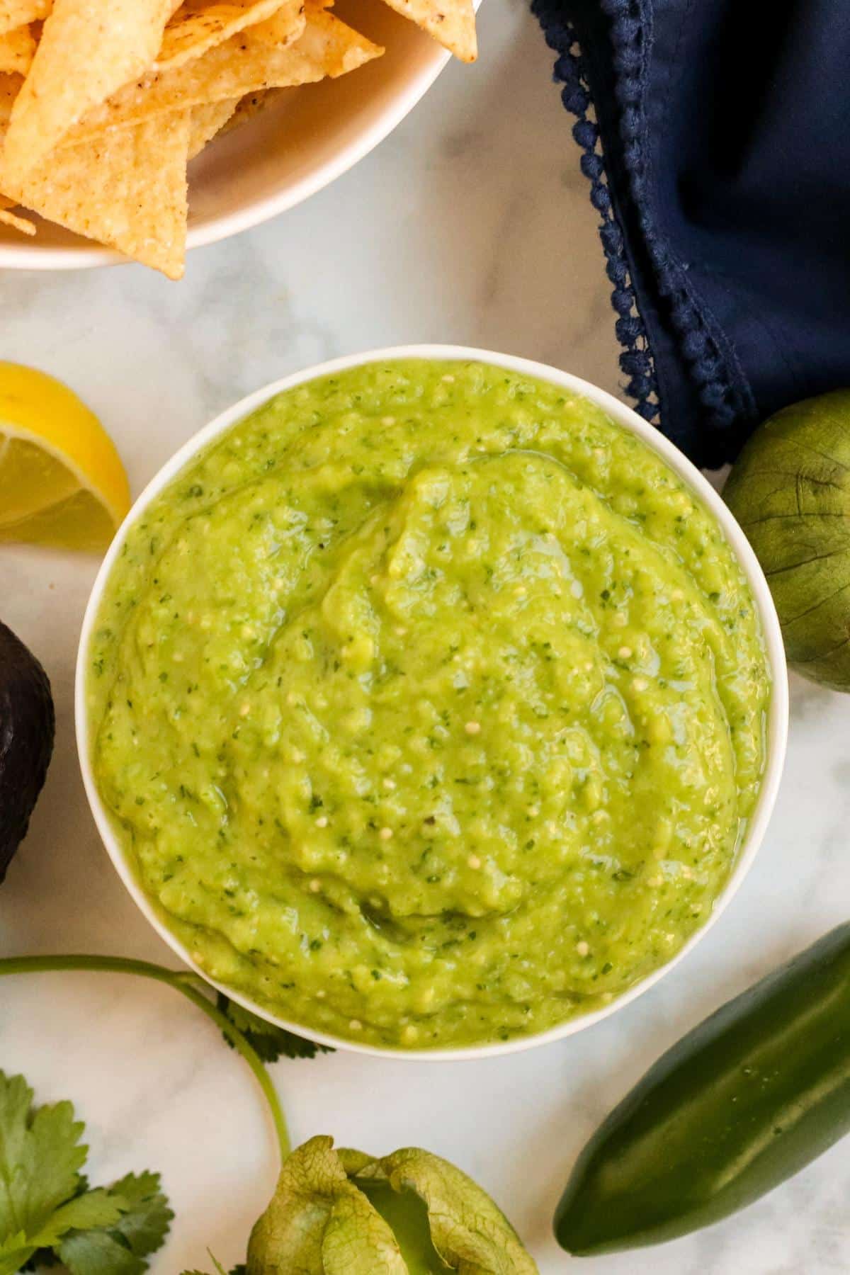 Bowl of Tomatillo Avocado Salsa Verde.