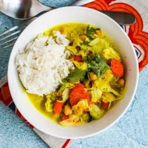 Bowl of curry with a scoop of rice.