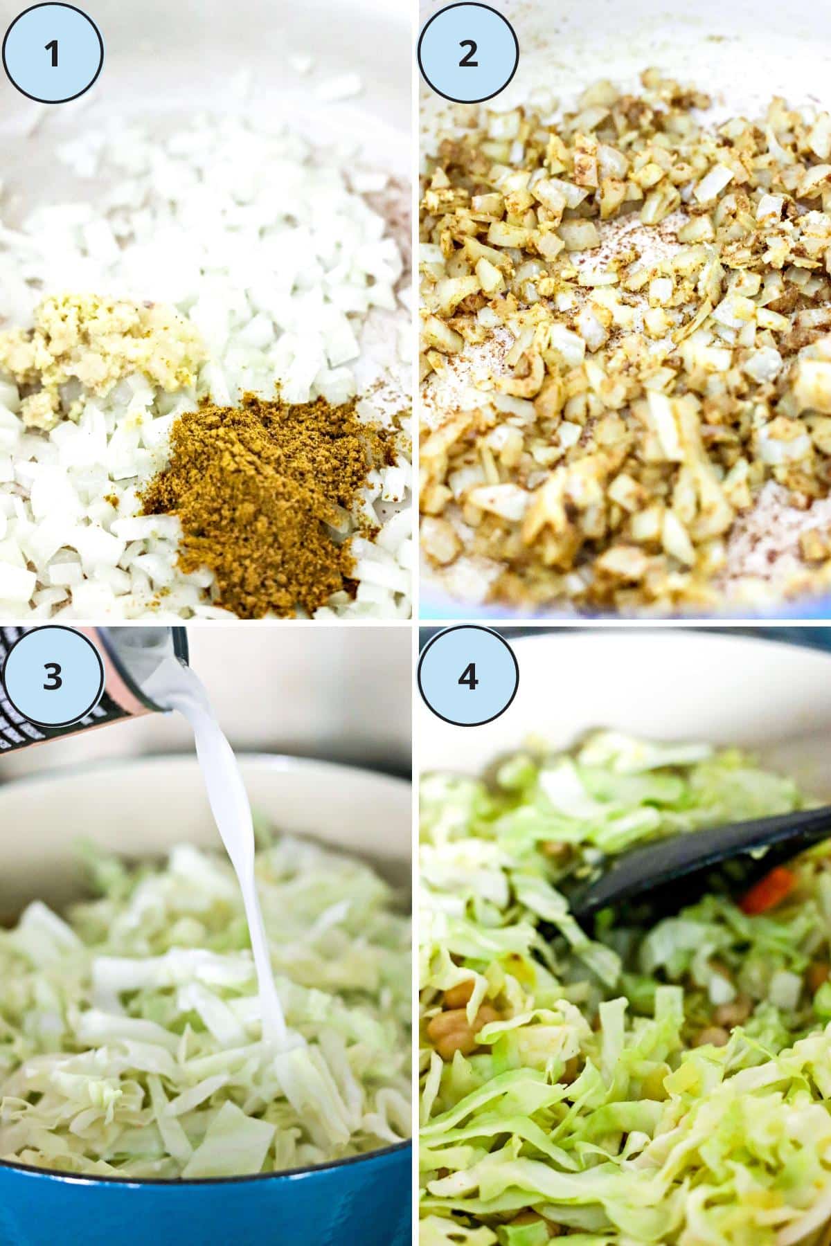 Steps showing how to make cabbage coconut curry in a pot.