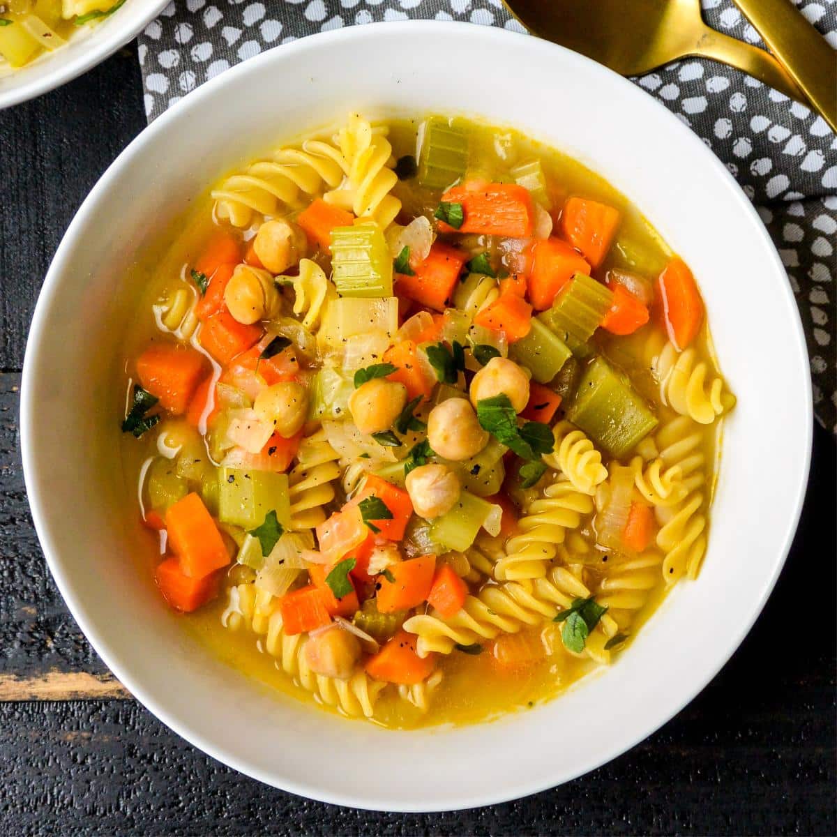 Bowl of Chickpea Noodle Soup.