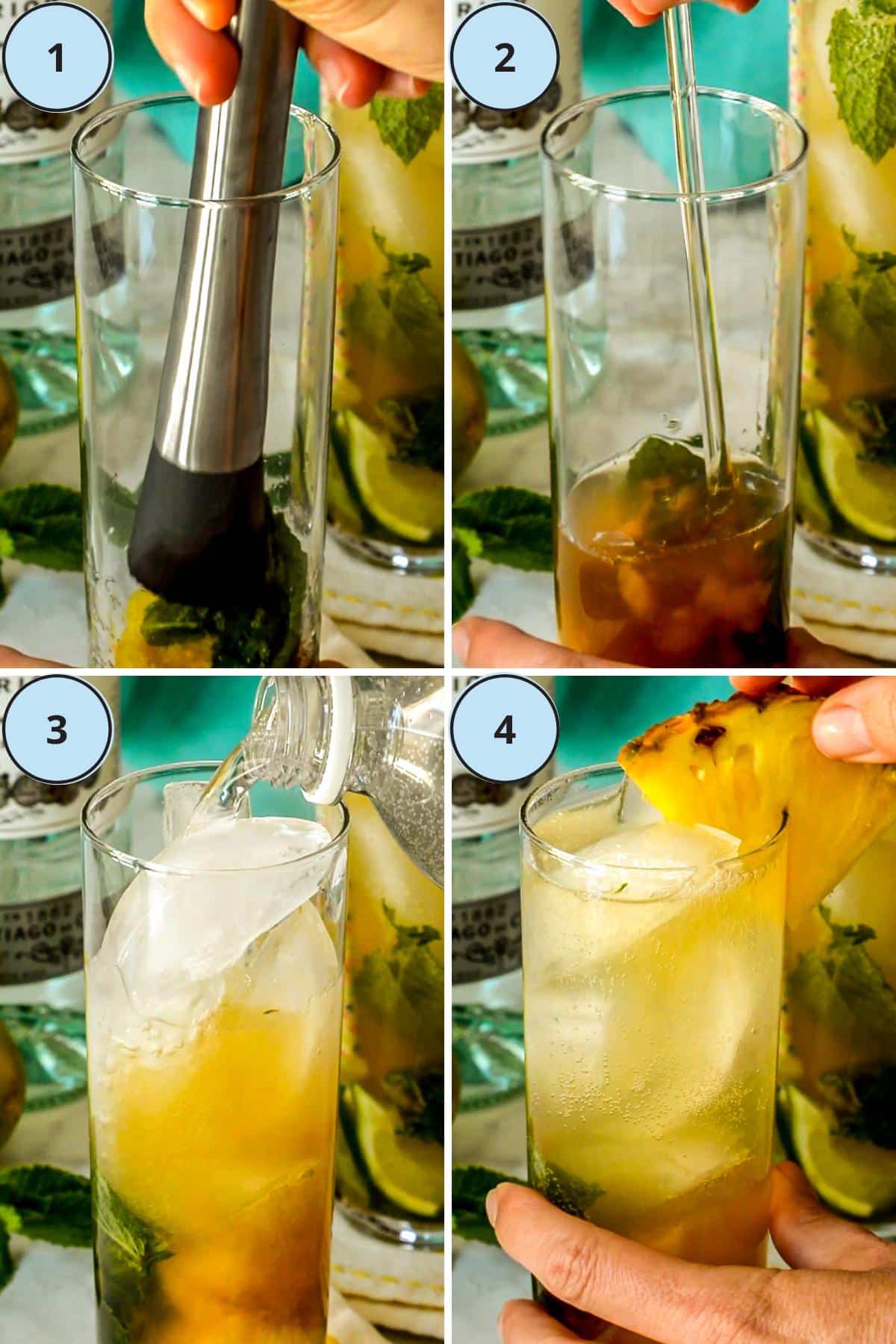 Numbered steps showing how to prepare a pineapple mojito.