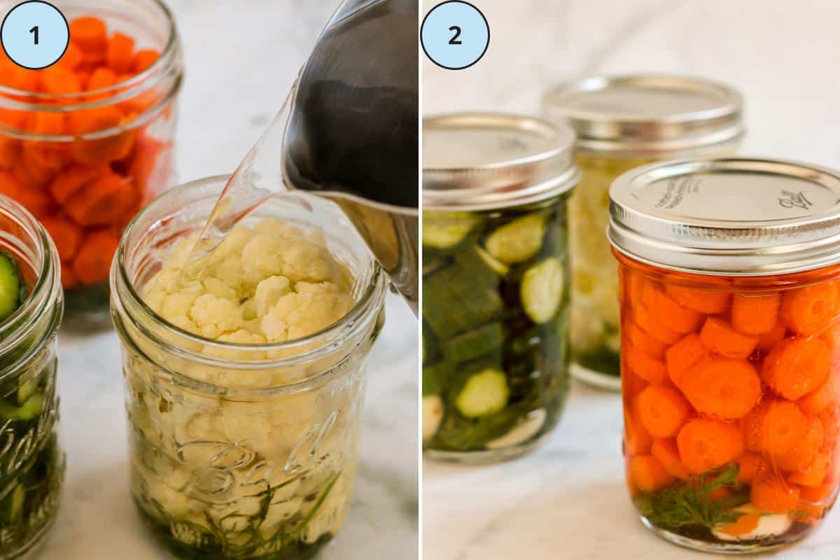 Pouring brine in the jars of fresh vegetables and the closed jars ready to be refrigerated.