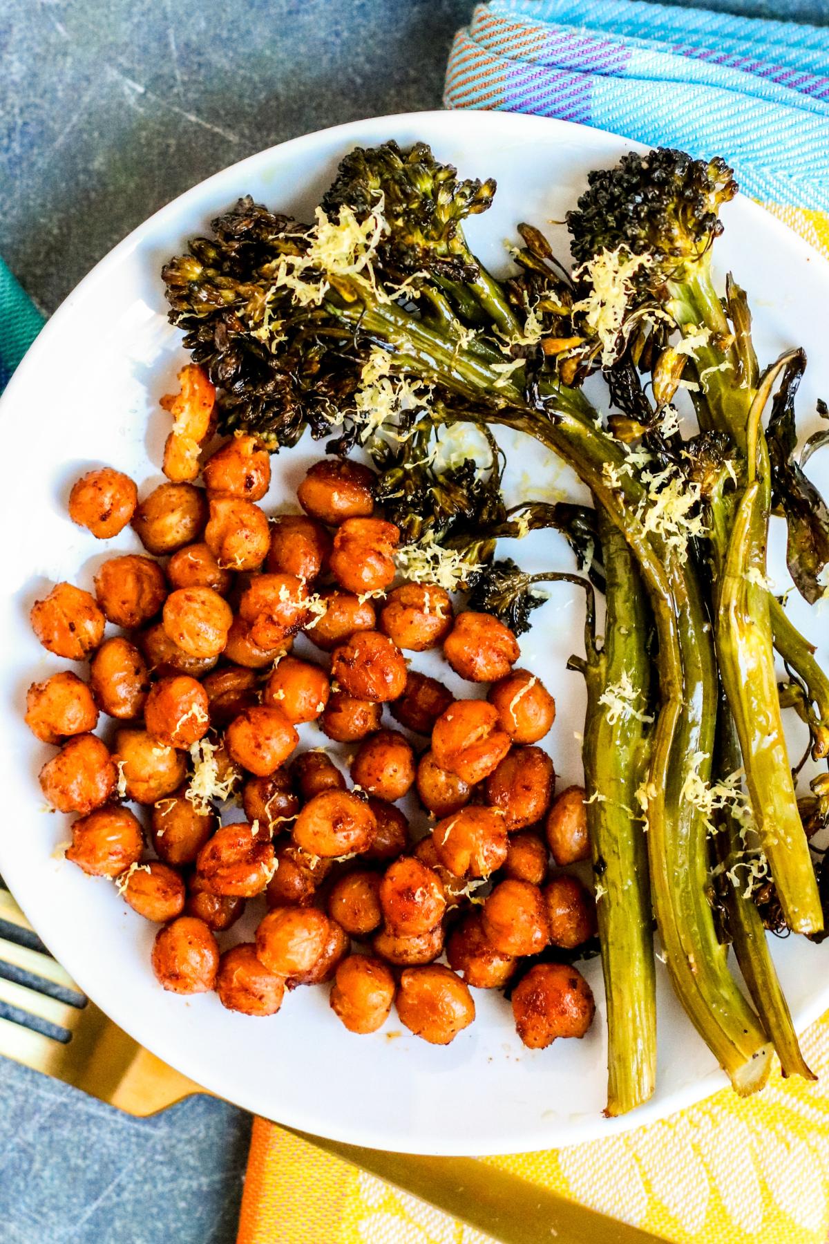 Dinner plate with roasted chickpeas and broccolini.