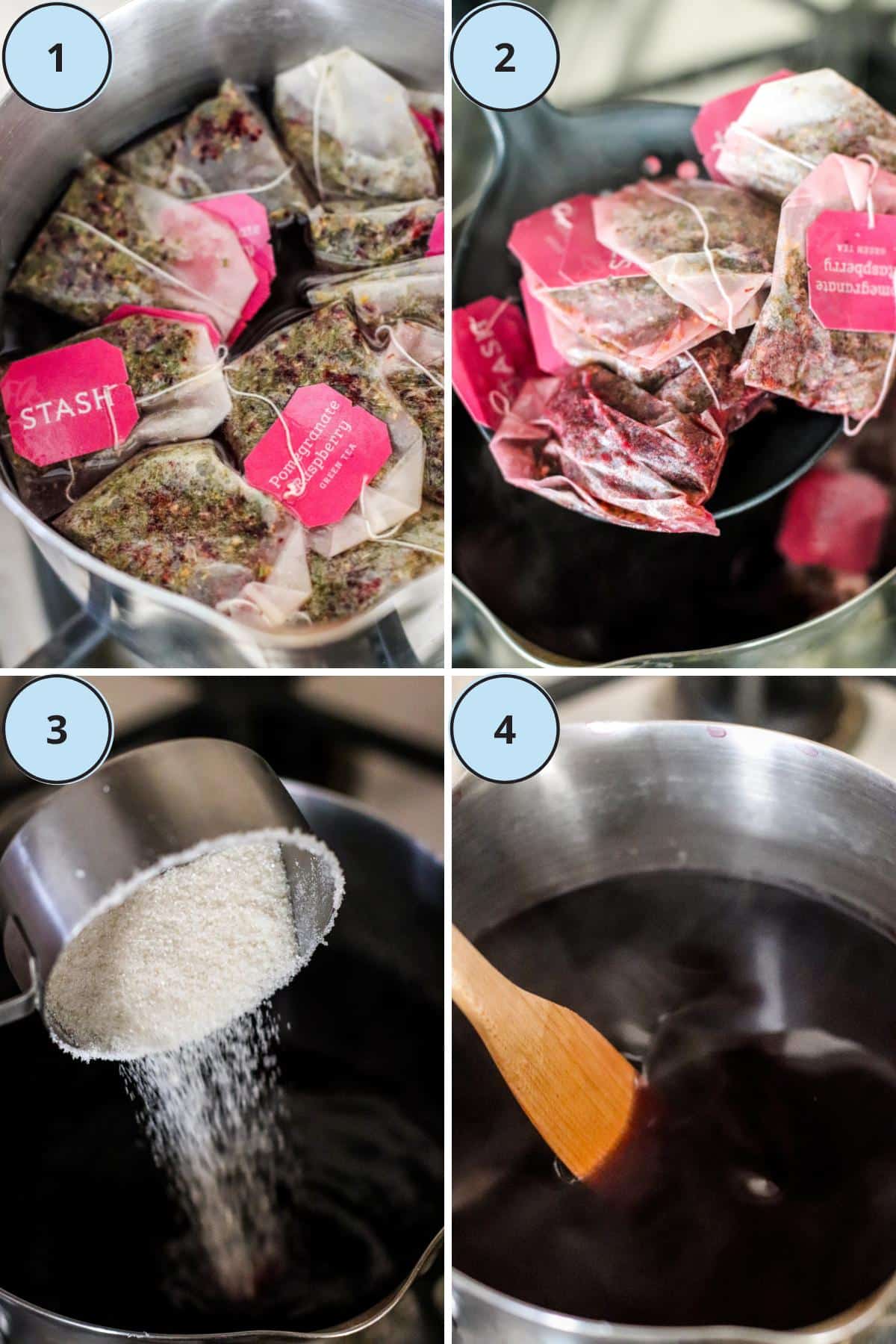 Tea steeping in a pot and sugar being stirred in.