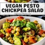 Bowls of salad with text overlay: Vegan Pesto Chickpea Salad.