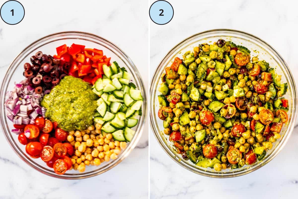 Ingredients in a mixing bowl and the mixed up salad.