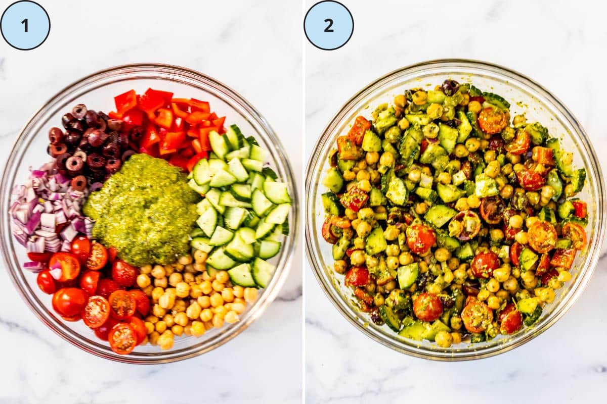 Ingredients in a mixing bowl and the mixed up salad.