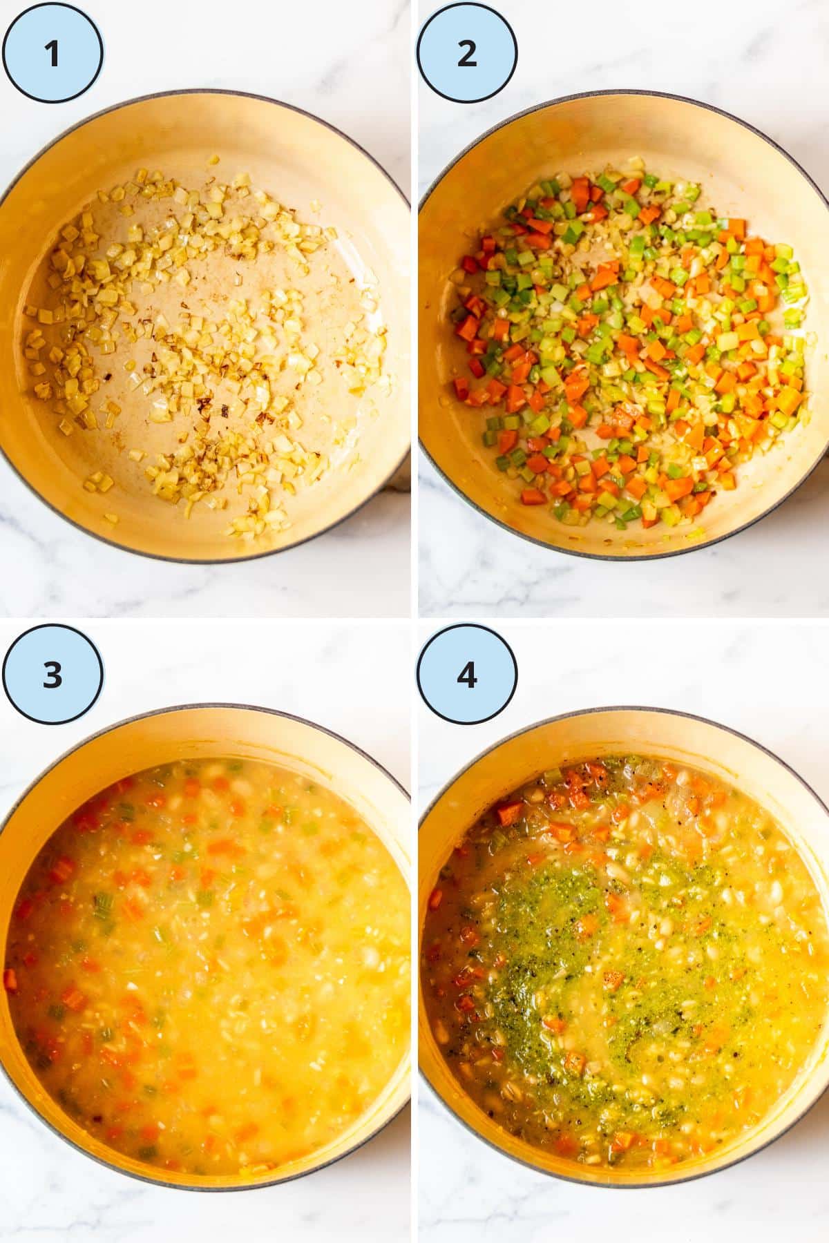 Steps showing how to make Vegan Pesto Orzo Soup: Sauteing the onion, garlic, carrots and celery, simmering the broth with the orzo and beans, and pesto stirred into the finished soup.