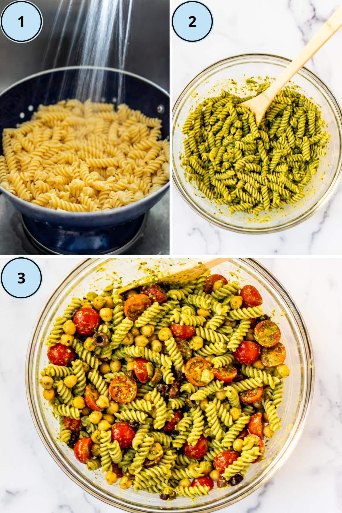 Rinsing the cooked noodles, stirring in the pesto sauce, and stirring in the chickpeas, tomatoes, and olives.