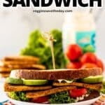 Sandwich on a plate with text overlay: Baked Tofu Sandwich.