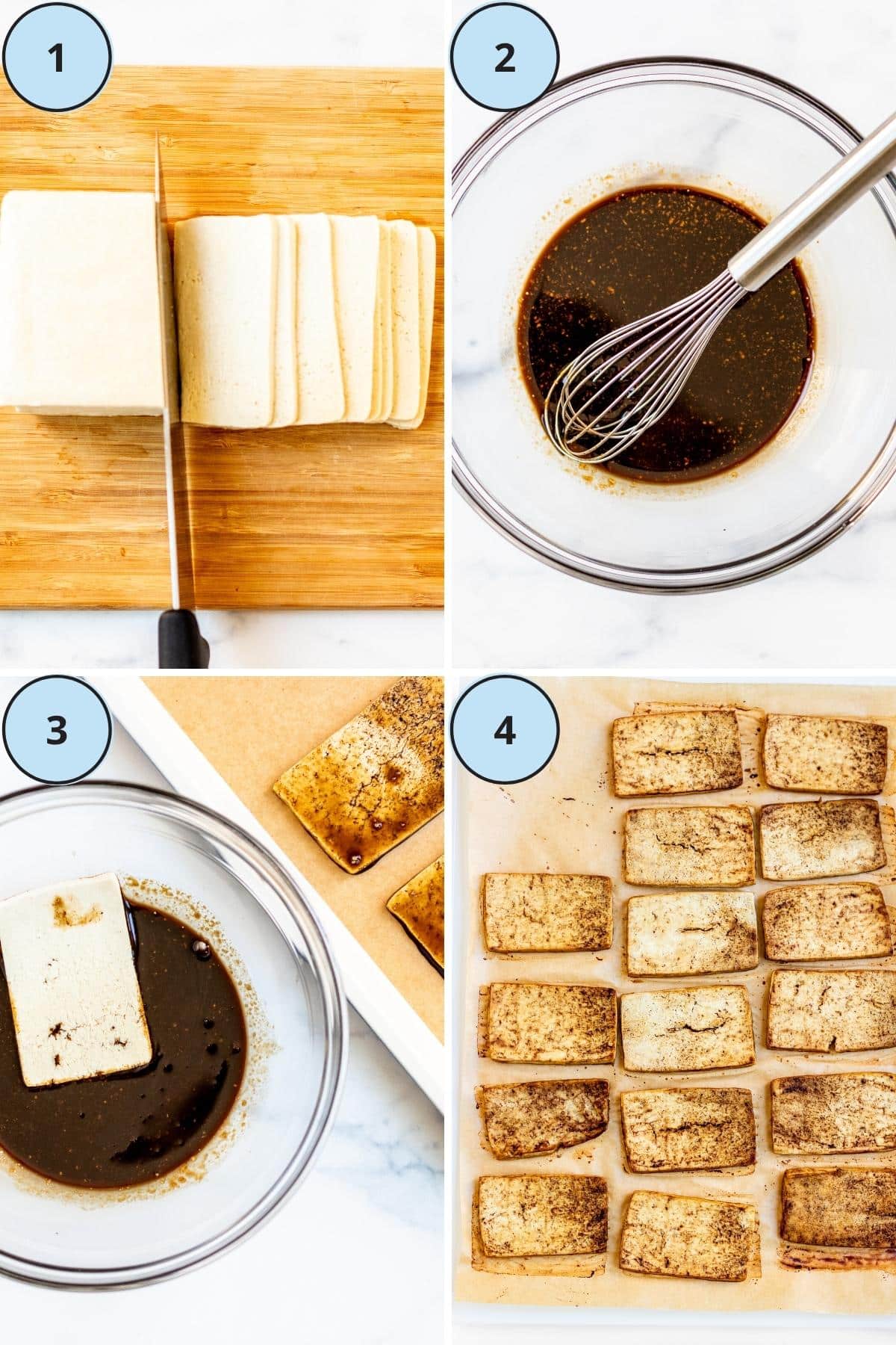 Slicing the tofu, whisking together the marinade, dipping a slice of tofu in the marinade, and the finished baked tofu slices.